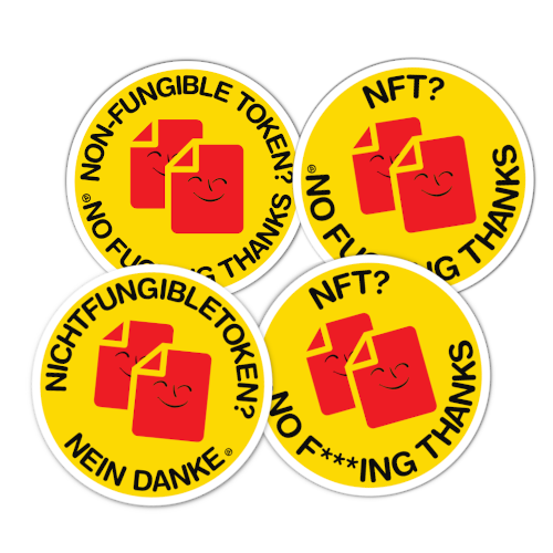 Sticker collection: Anti-NFT 'smiling sun'-inspired stickers boldy stating Non-fungible Token? No Fucking Thanks. Nichtfungibletoken? Nein Danke. Red file copy icons with smiley faces on yellow circle. Designs by Antinichtfungibletoken Aktion.